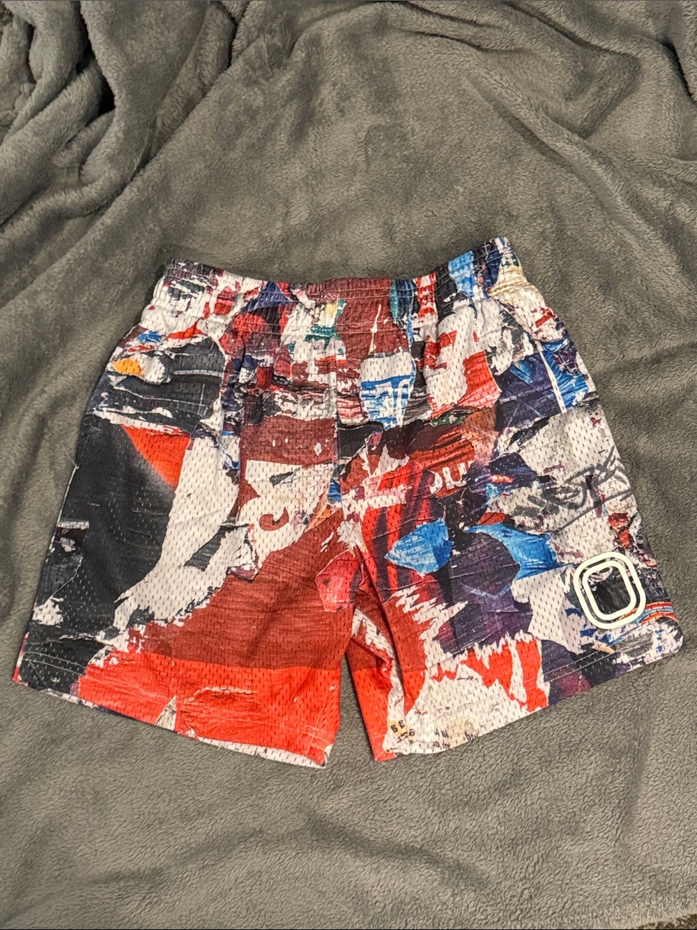 Youth XL OVERTIME shorts. Abstract Multicolor Athletic Shorts - Red, Blue, White